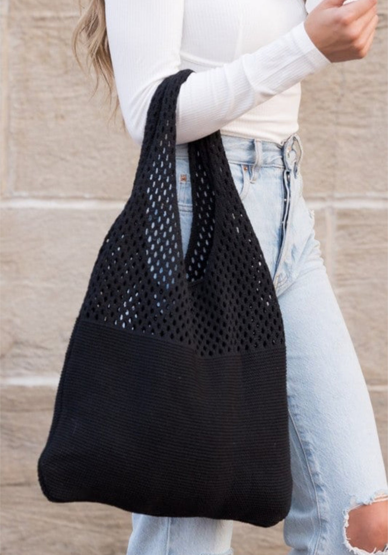 Black Soft Knit Crochet Hobo Bag