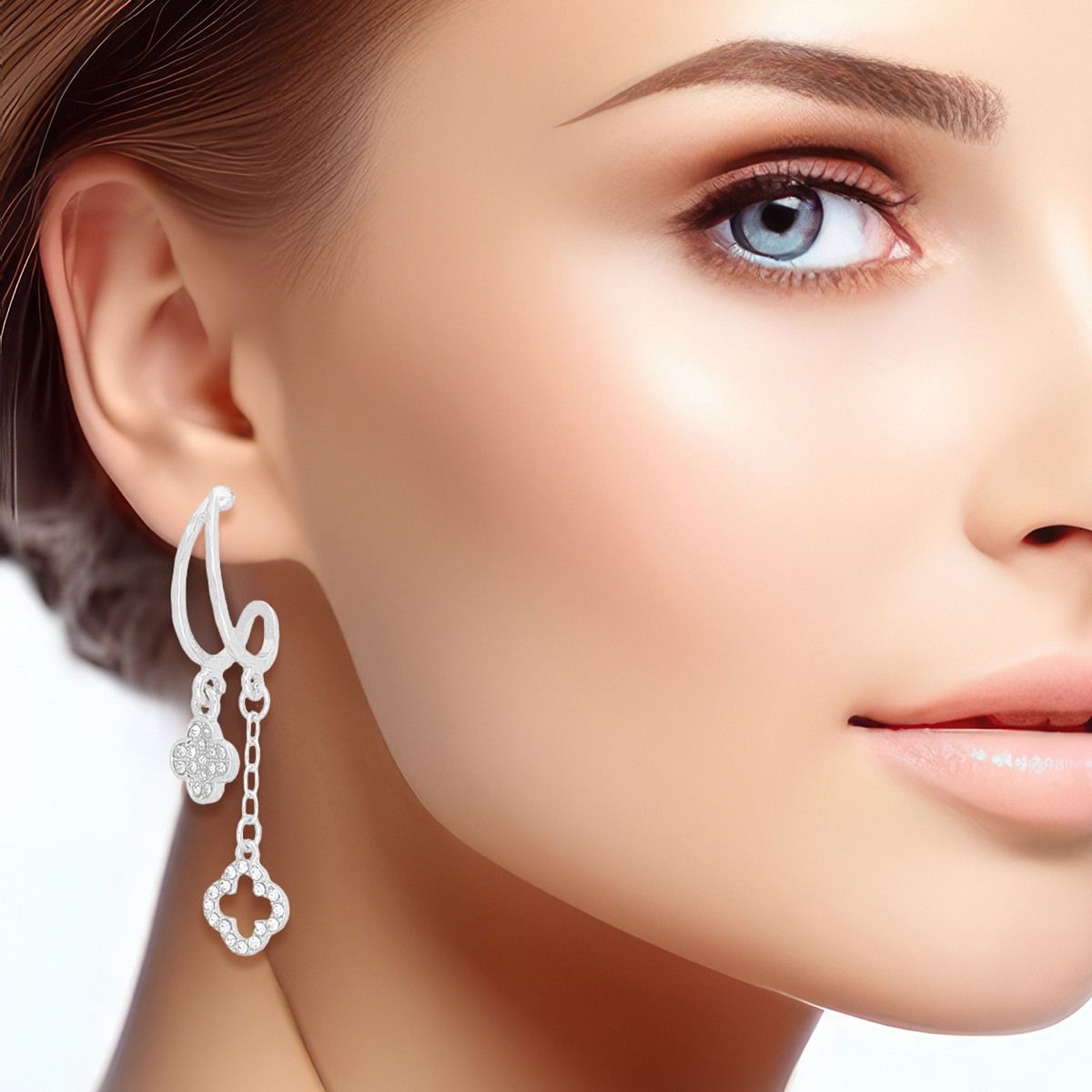 Clover Earrings Dangle Silver Pave Clover Half Hoop Earrings Women