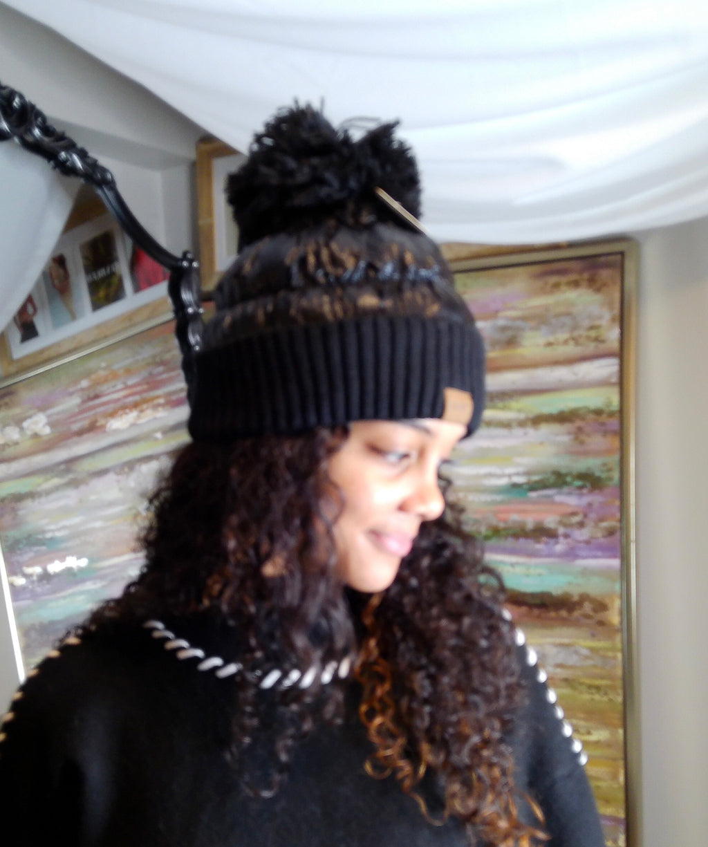 Black Puffer Beanie Hat With Pom Pom and Fleece Lining