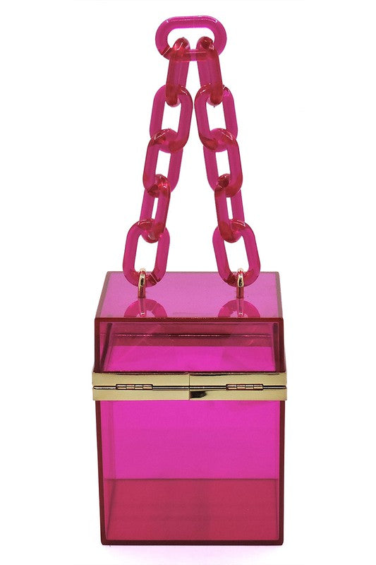 Acrylic Chain Handle Pink See Thru Crossbody Clutch Bag