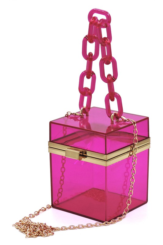 Pink Acrylic Chain Handle See Thru Crossbody Clutch Bag