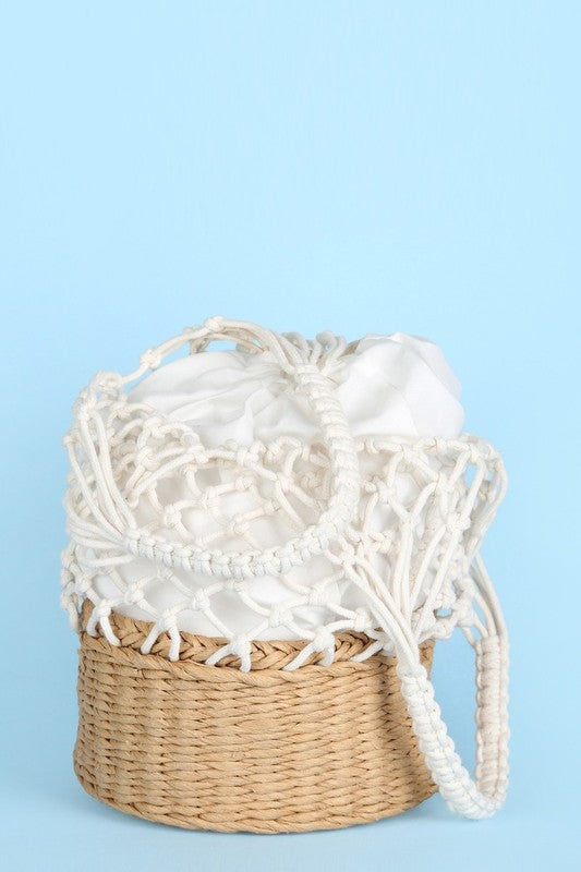 Knitted Basket Bucket Straw Bag - Beach