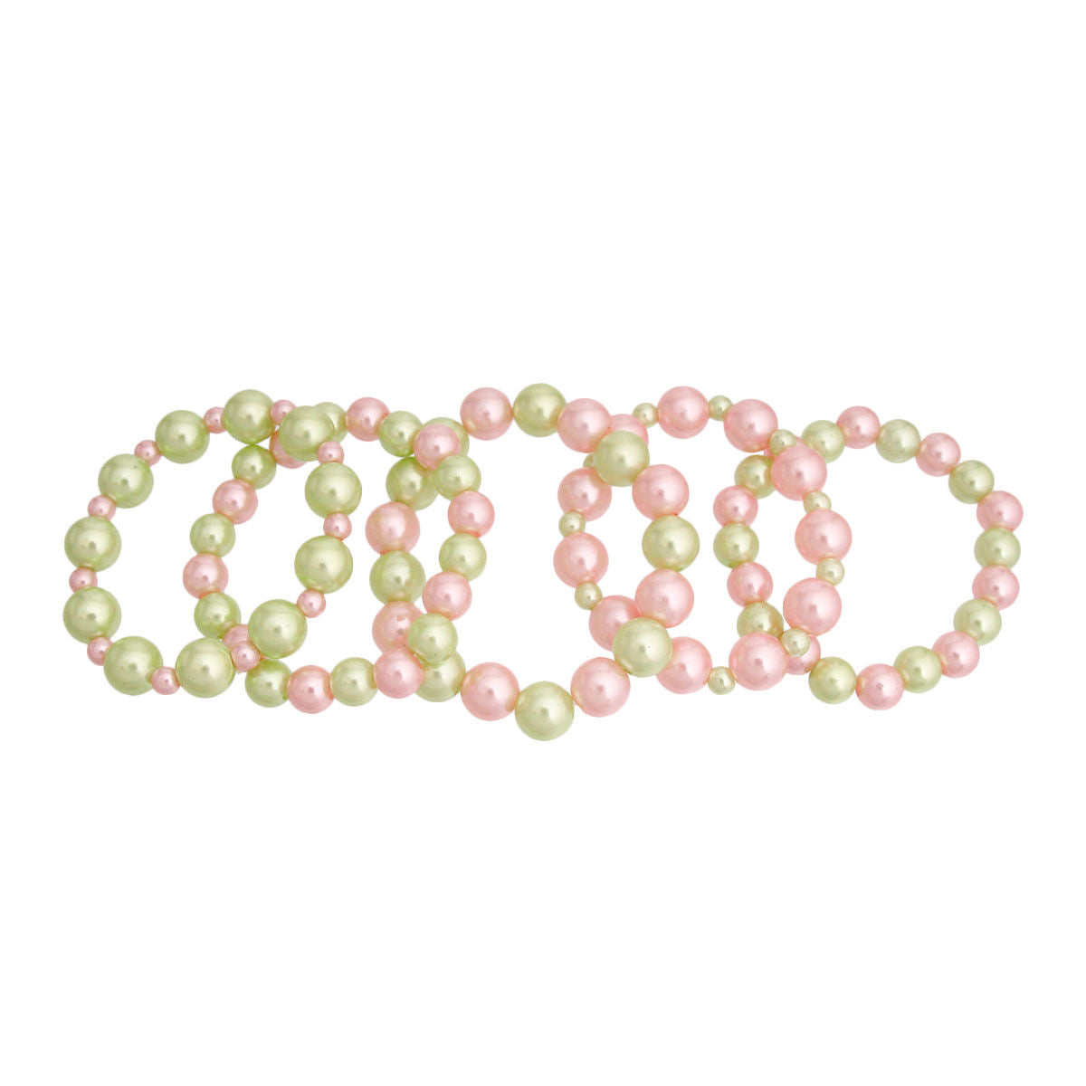 Pink green pearl stretch bracelet set all 5 pieces shown together