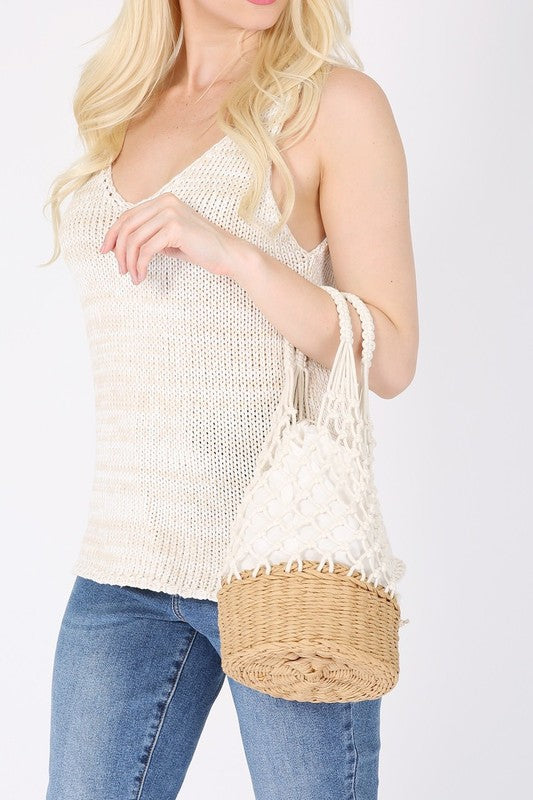 Knitted Basket Bucket Straw Bag - Beach