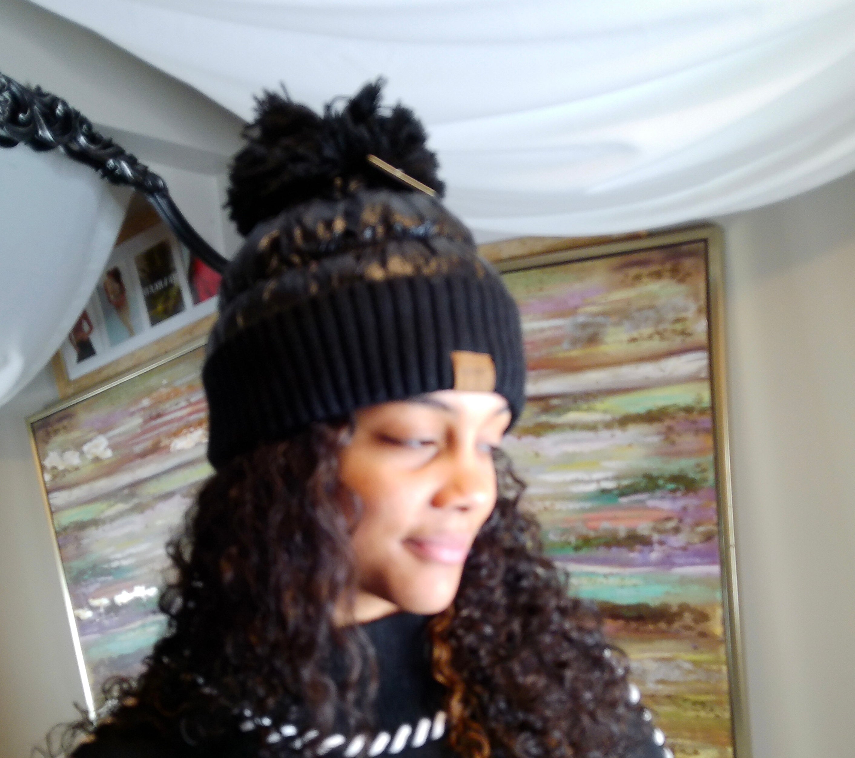 Black Puffer Beanie Hat With Pom Pom and Fleece Lining