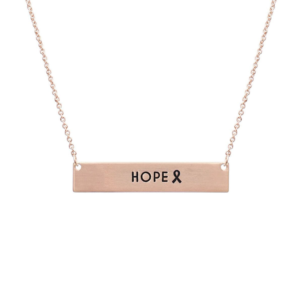 Rose gold breast cancer ribbon hope plate necklace chain close up