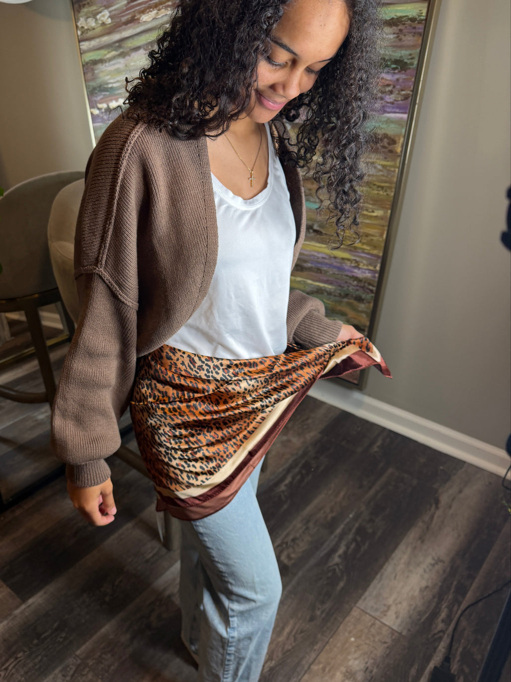 Leopard Satin Scarf - Scarves Black or Brown