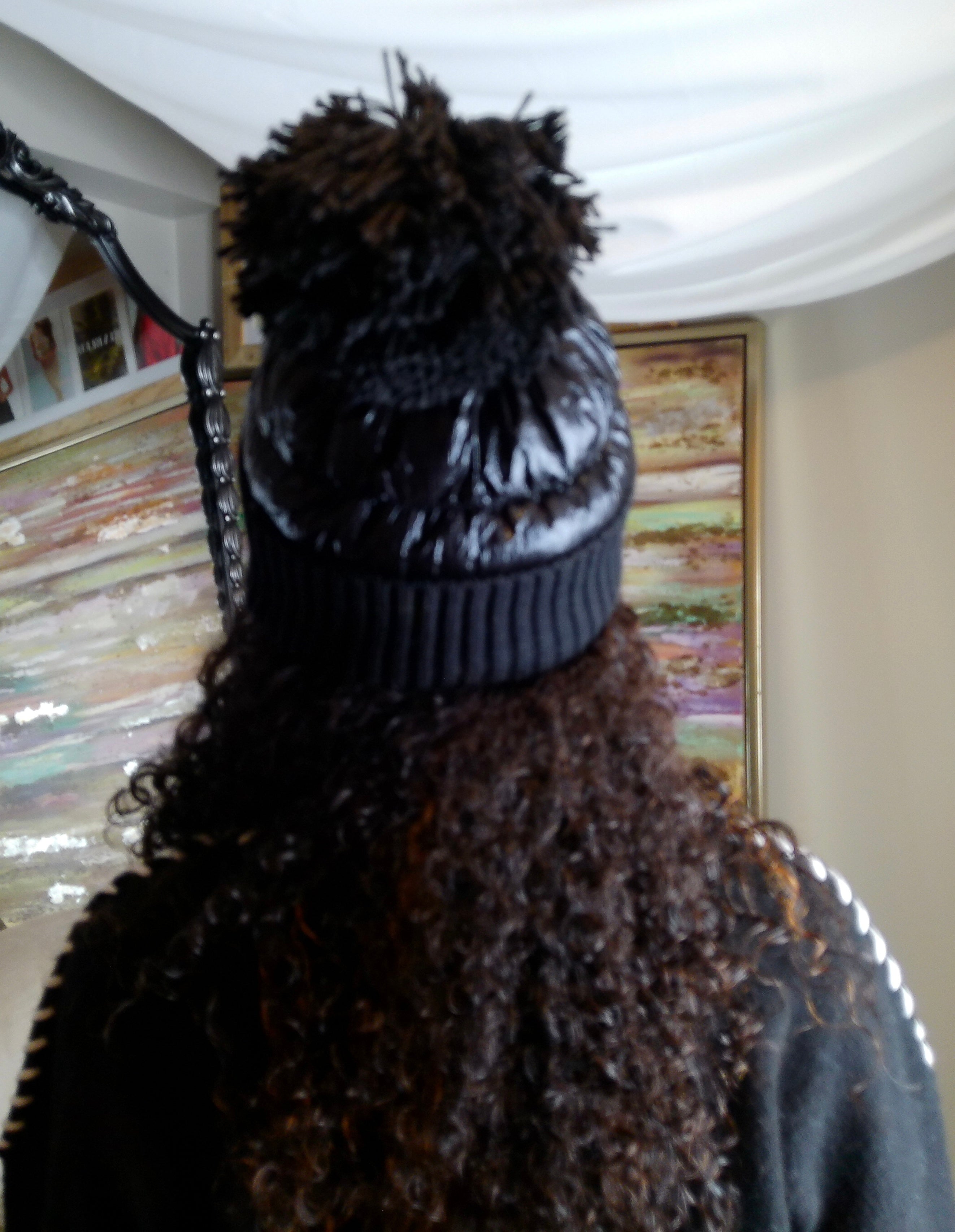 Black Puffer Beanie Hat With Pom Pom and Fleece Lining