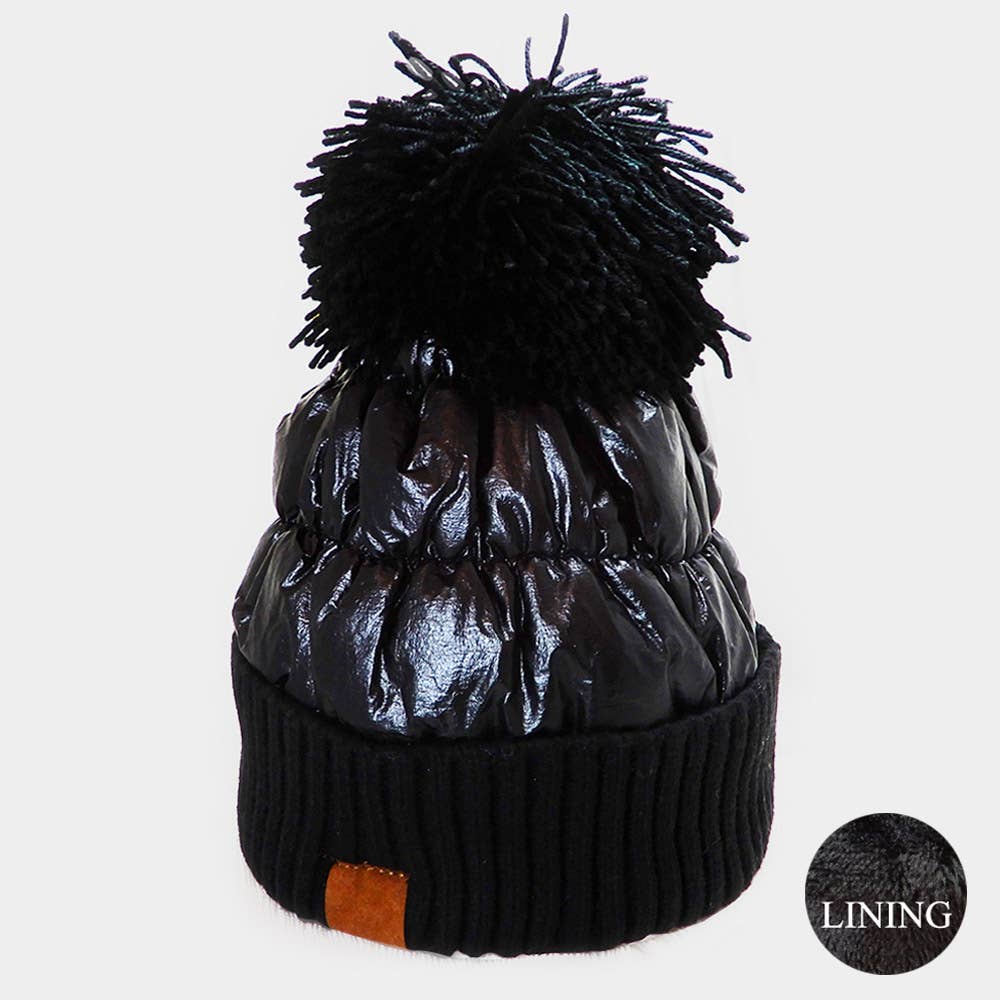 Black Puffer Beanie Hat With Pom Pom and Fleece Lining
