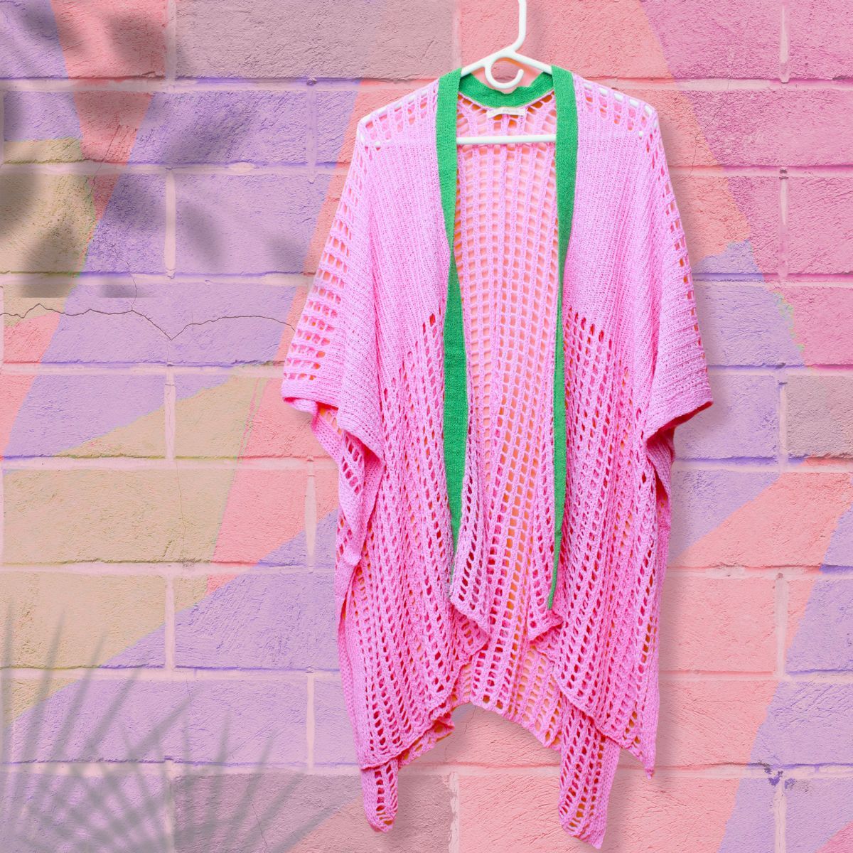 Pink green crochet ruana kimono green collar edge detail