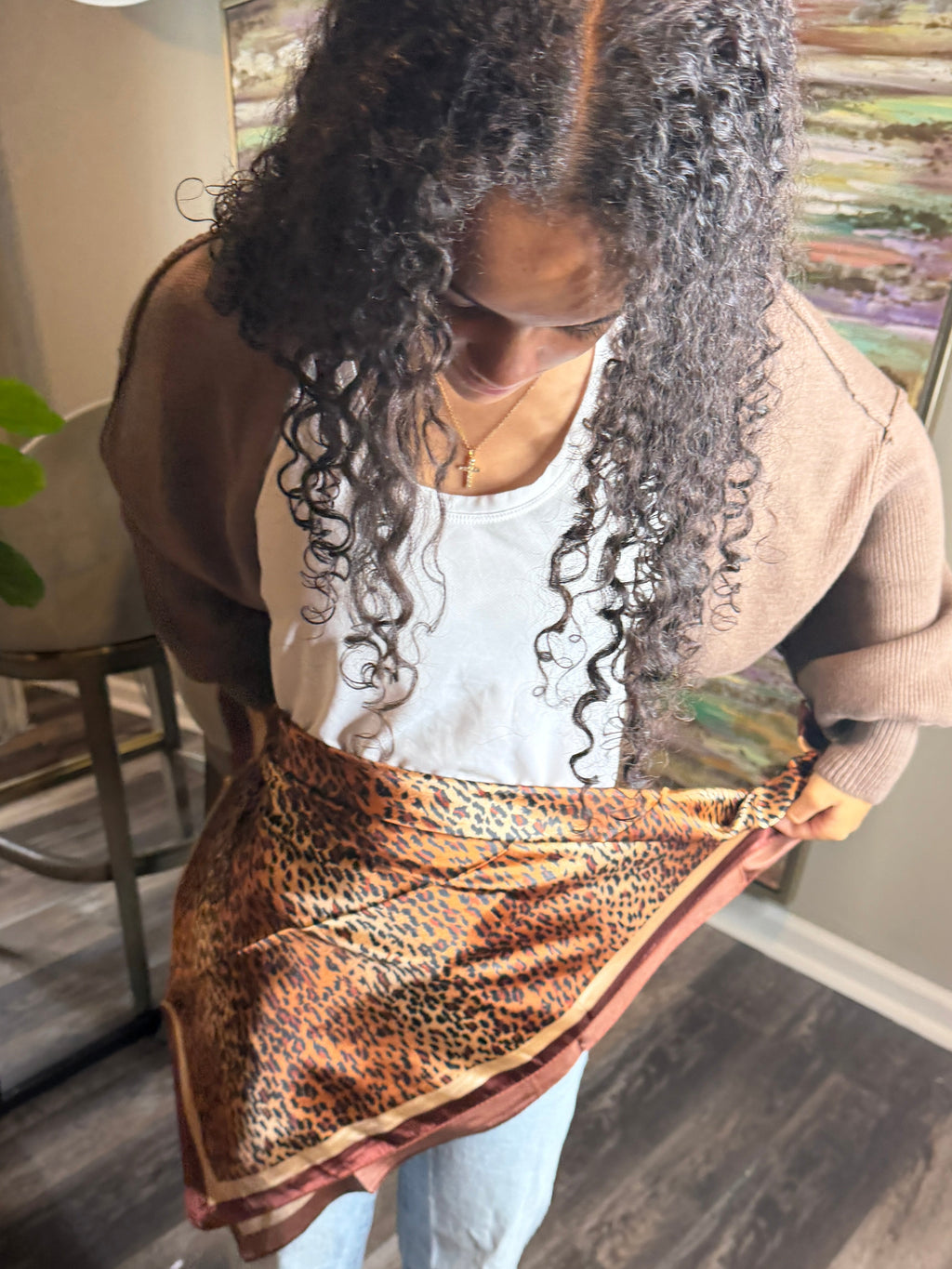 Leopard Satin Scarf - Scarves Black or Brown