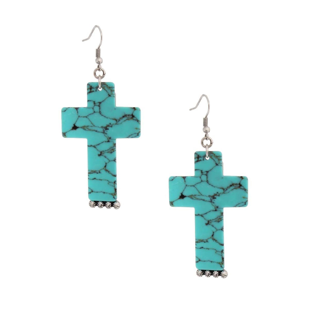Marbled turquoise cross earrings front view bold boho statement