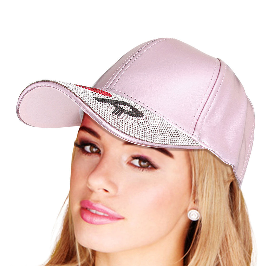 Metallic glamour pink visor hat designer-inspired lipstick heart bling cap women