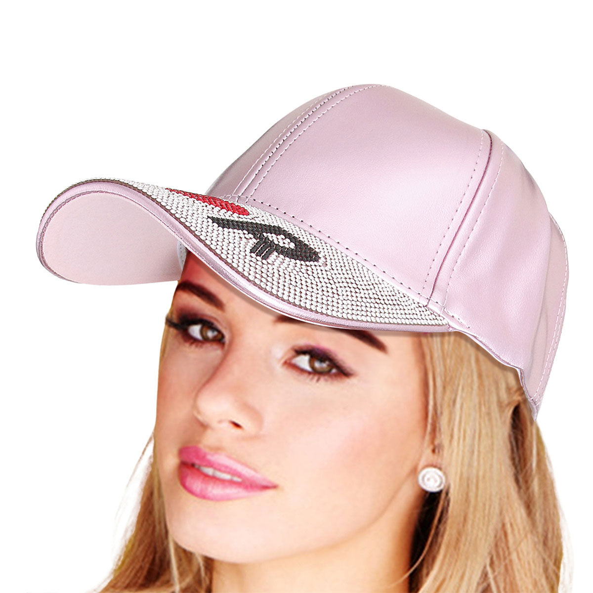 Metallic glamour pink visor hat designer-inspired lipstick heart bling cap women