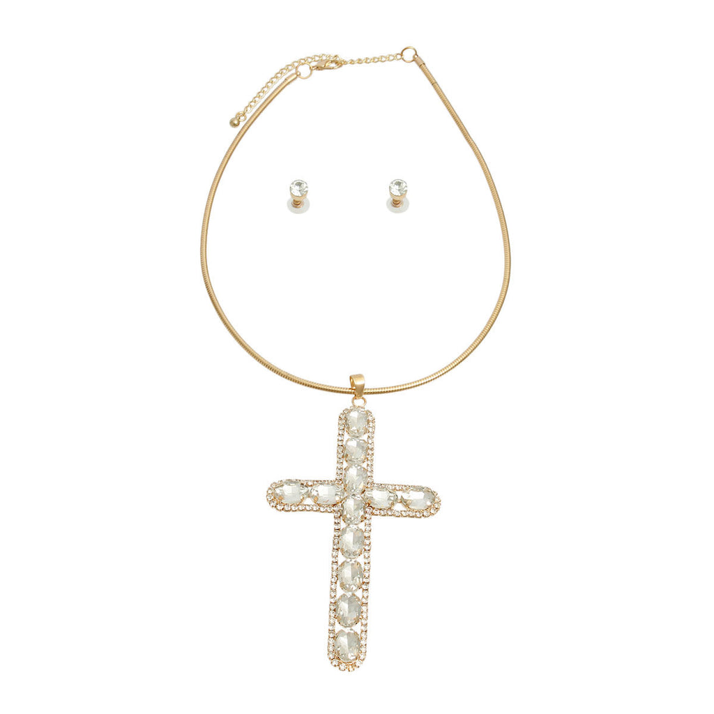 Gold rigid collar cross necklace elegant cross detail close up gold finish