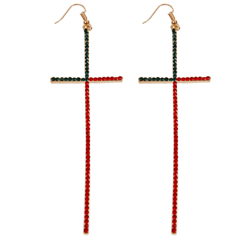 Divine drops cross earrings front view rhinestone bold statement