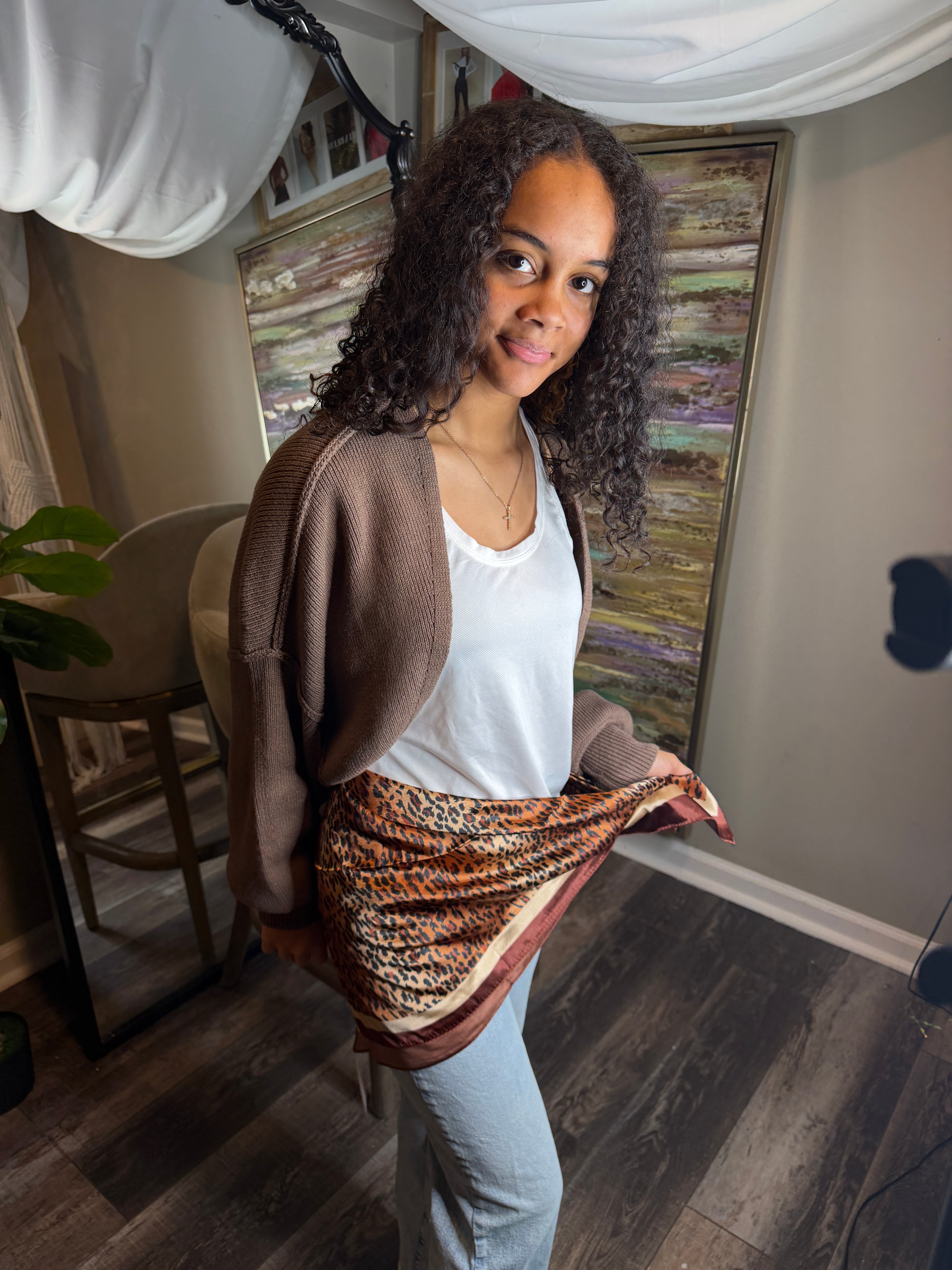 Leopard Satin Scarf - Scarves Black or Brown