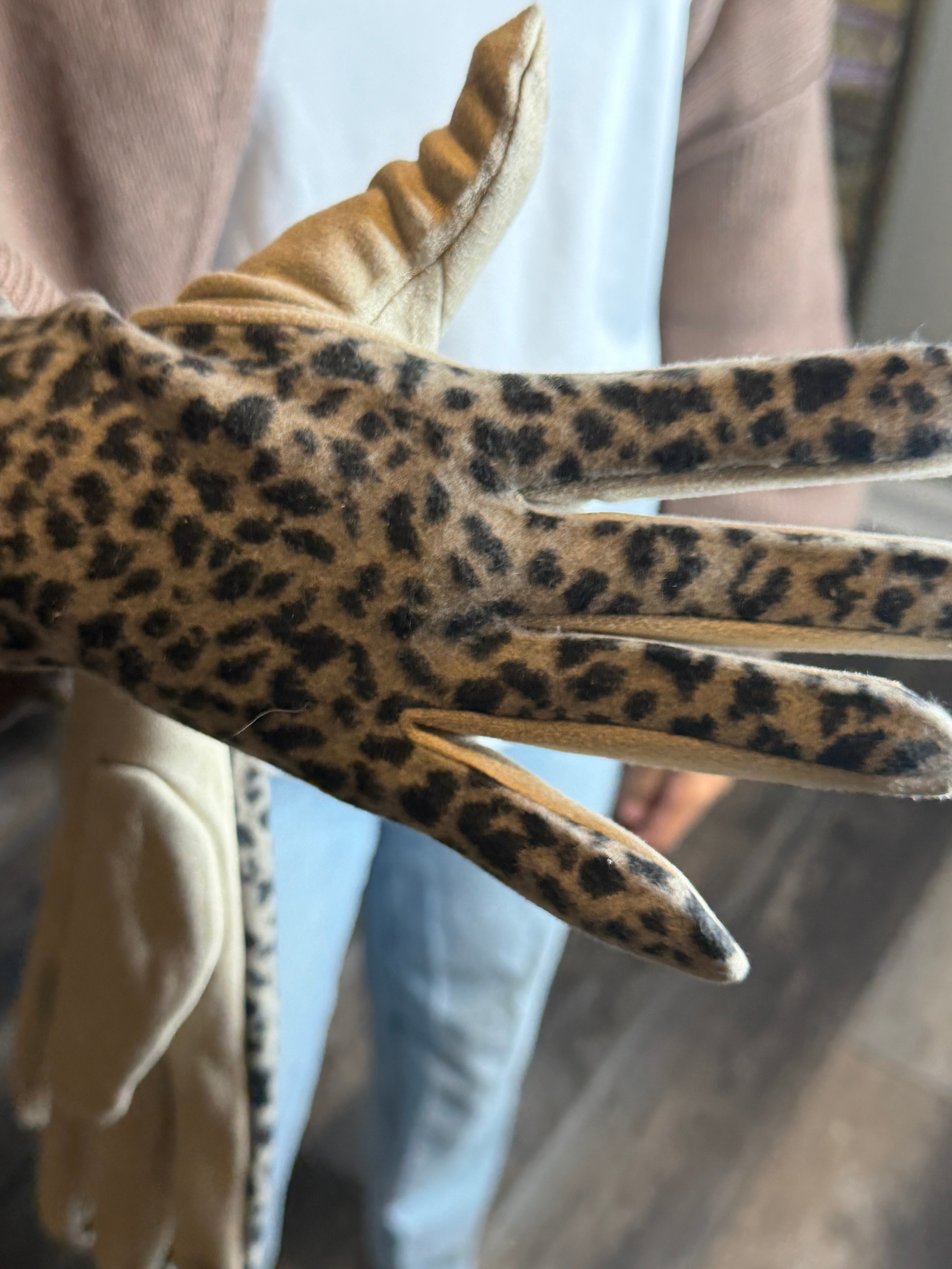 Leopard print glove on a hand with a blurred background