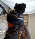 Black Puffer Beanie Hat With Pom Pom and Fleece Lining