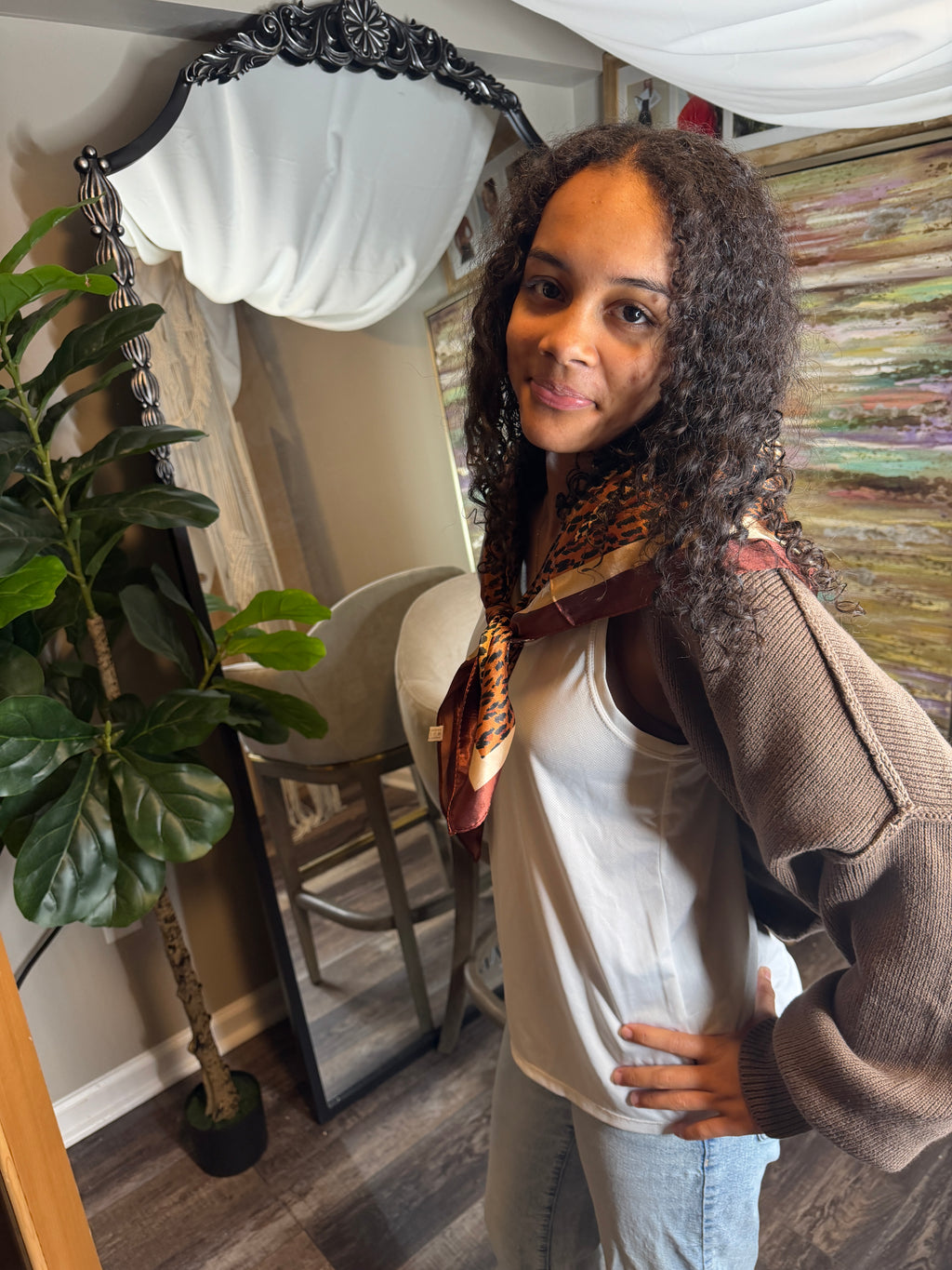 Leopard Satin Scarf - Scarves Black or Brown