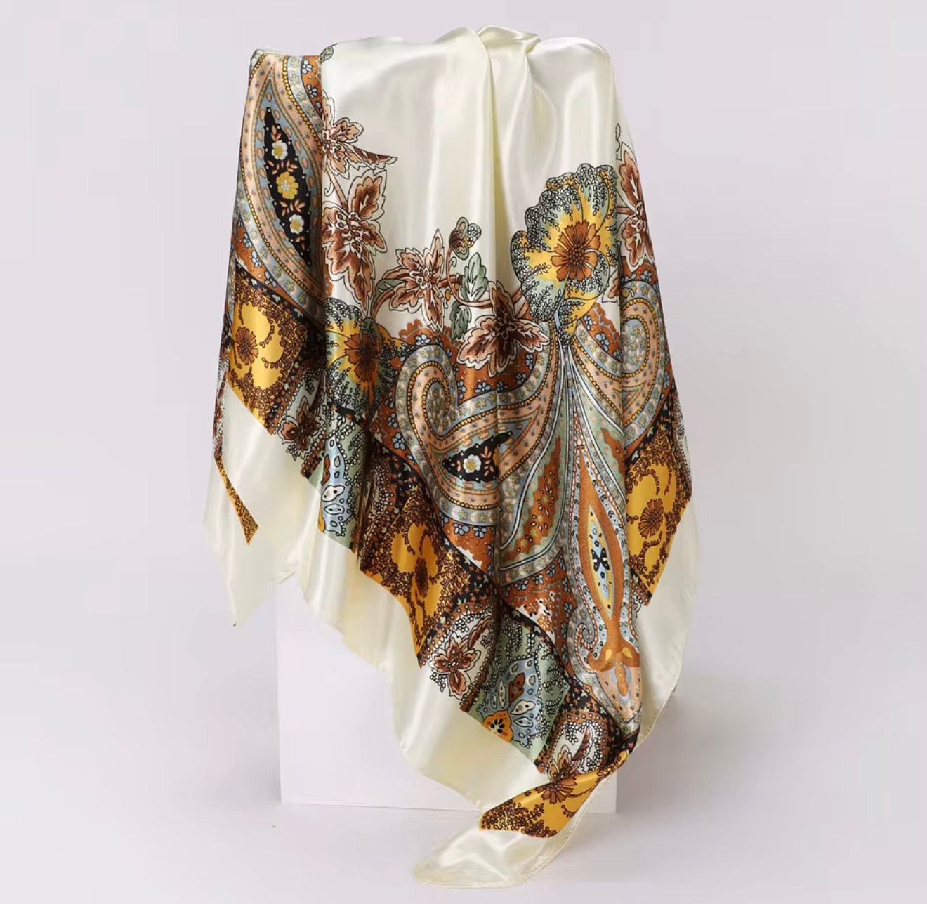 Paisley Satin Silk Sdarf Scarves In Black Camel and Cream