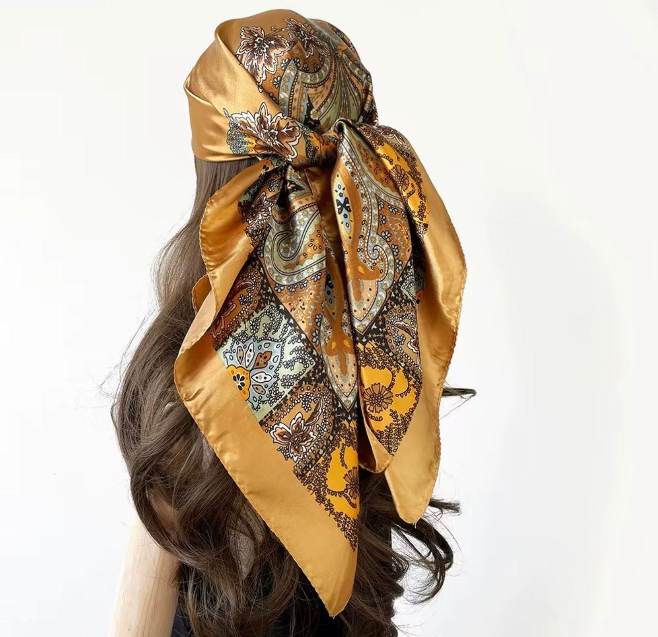 Paisley Satin Silk Sdarf Scarves In Black Camel and Cream