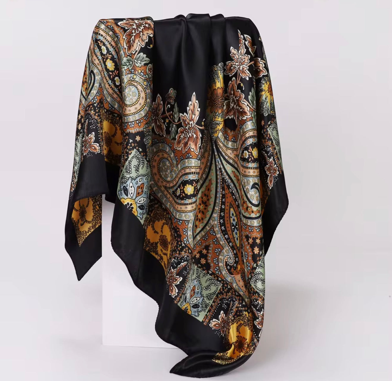 Paisley Satin Silk Sdarf Scarves In Black Camel and Cream