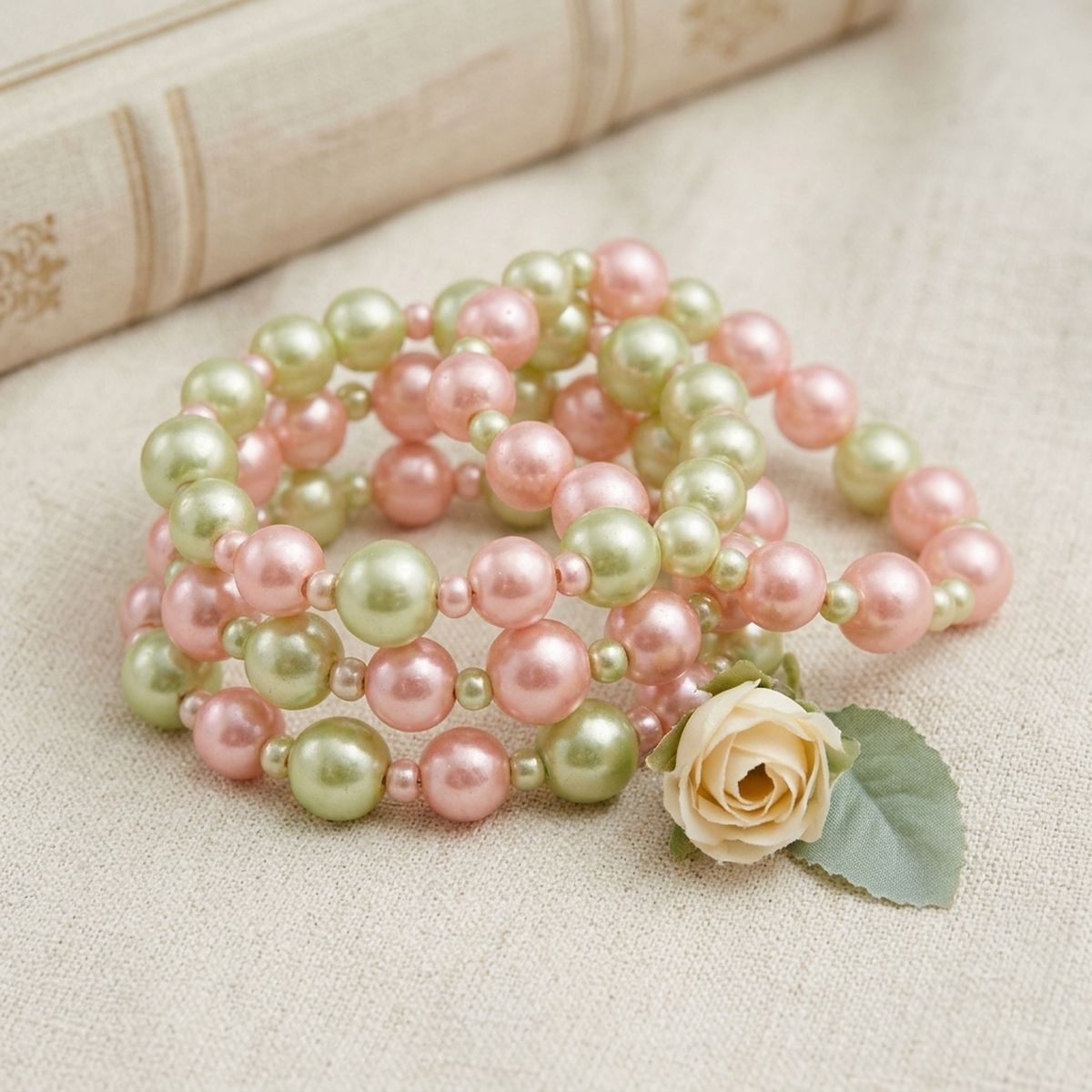 Pink green pearl 5-piece stretch bracelet set stacking women statement