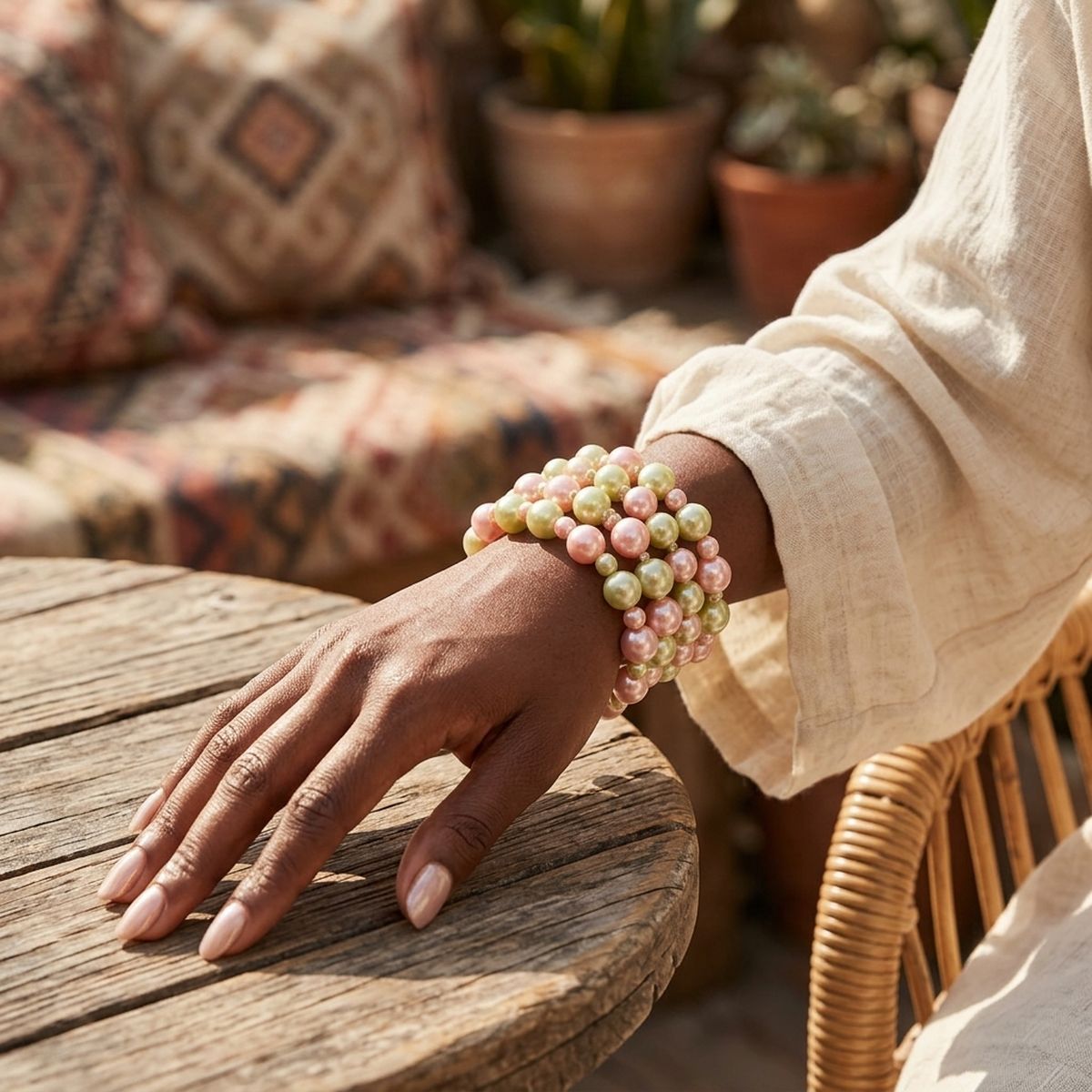 Pink green pearl bracelet set worn stacked on wrist close up