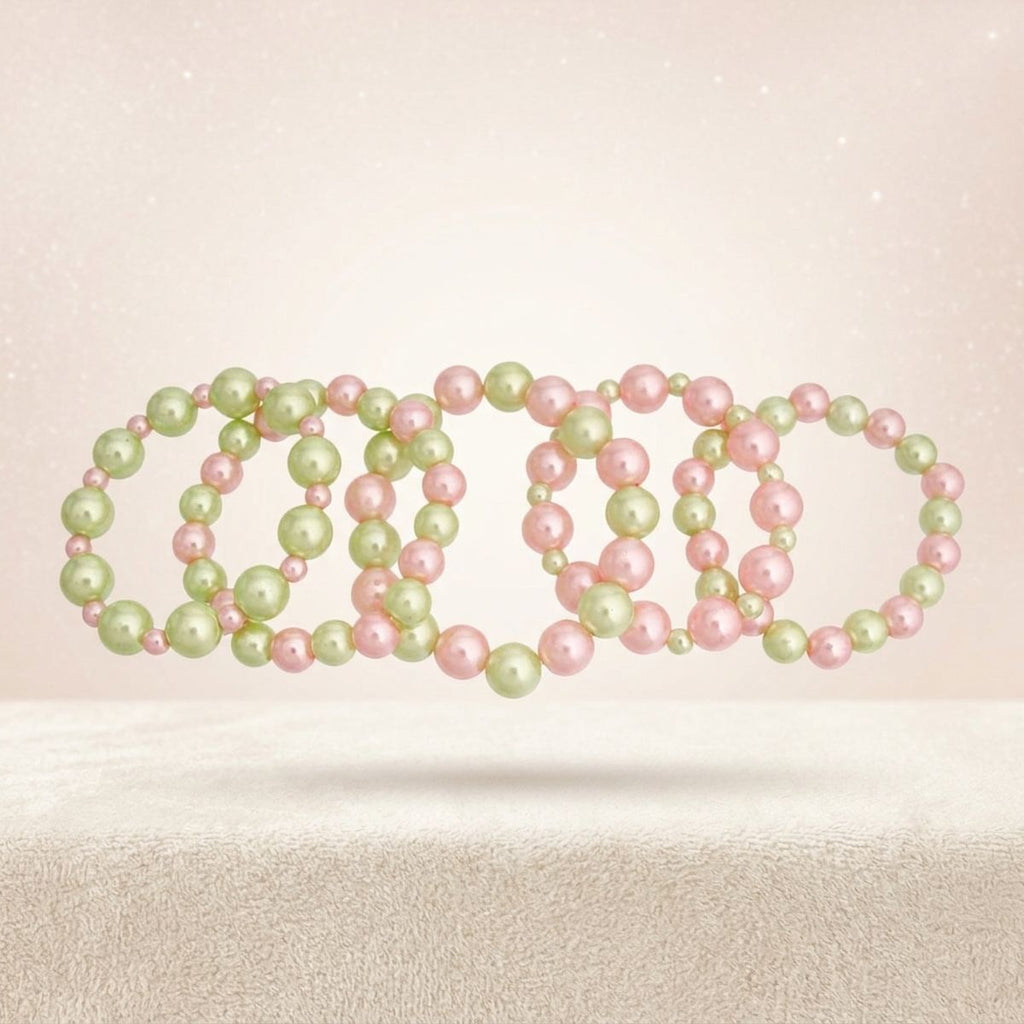 Pink green pearl bracelet set individual pieces shown