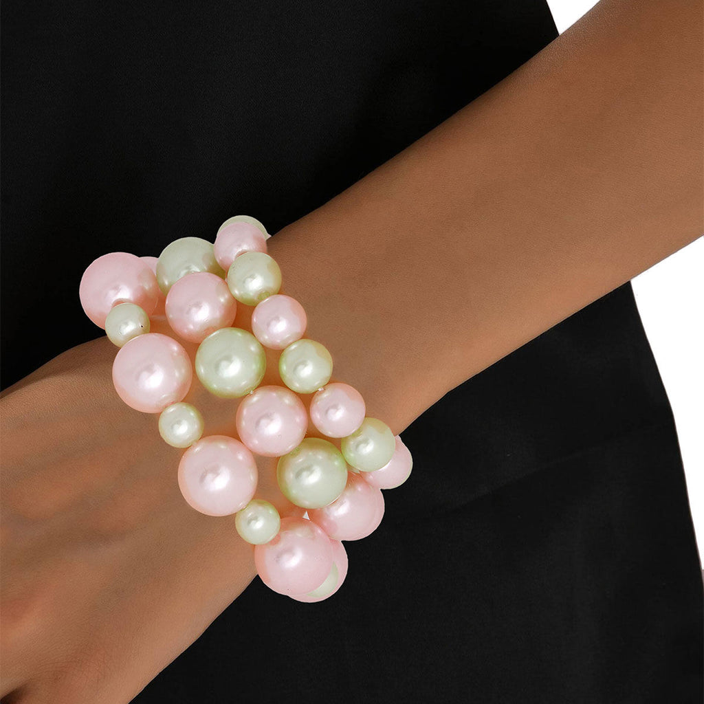 Pink green pearl stretch bracelet set versatile stacking women statement
