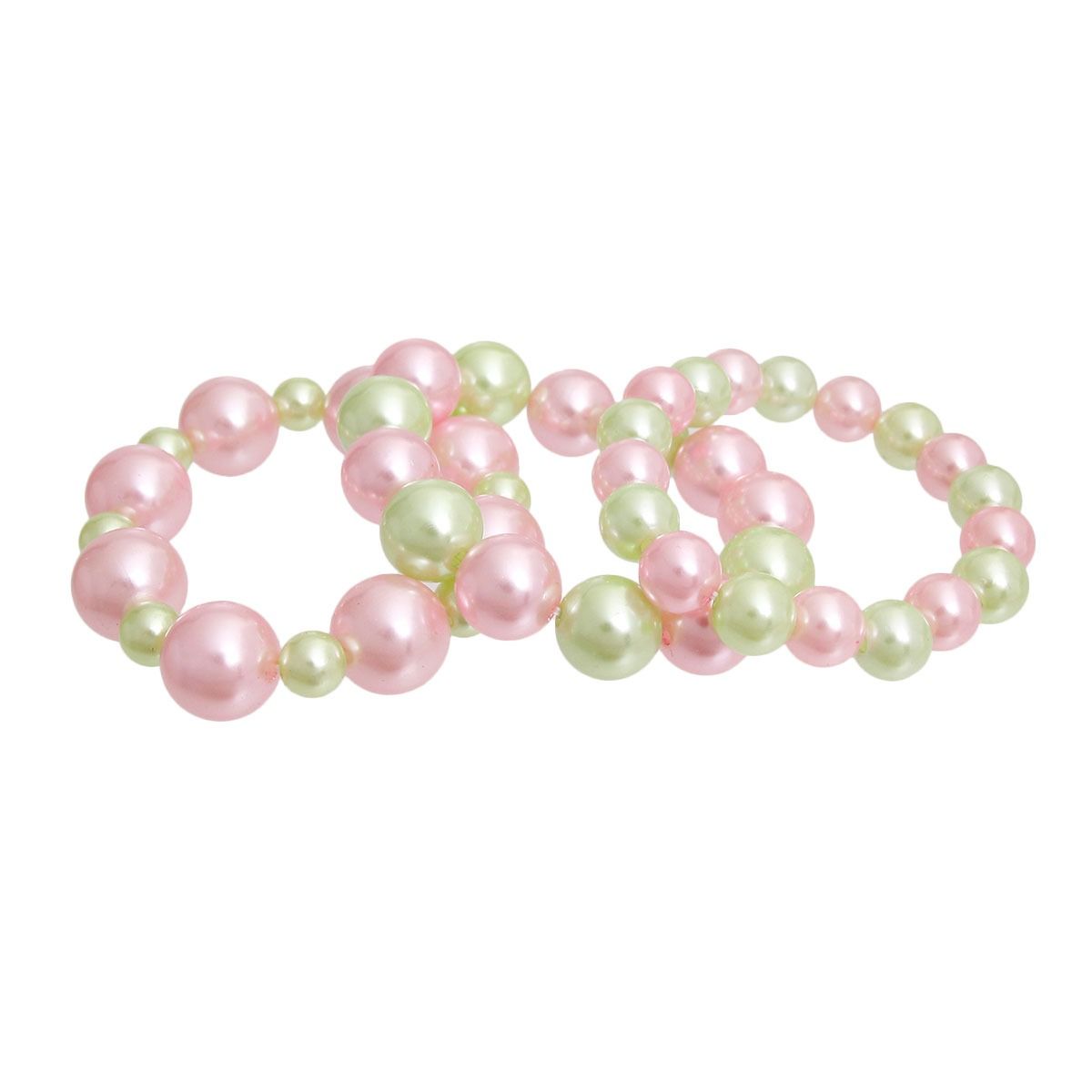 Pink green stretch pearl bracelet set detail close up stacked
