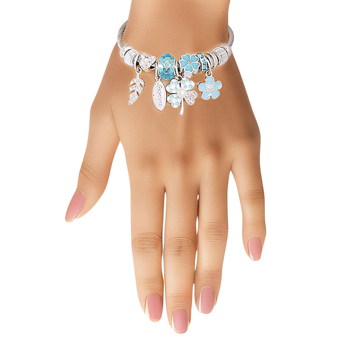 Silver Blue Clover Cable Bangle Bracelet