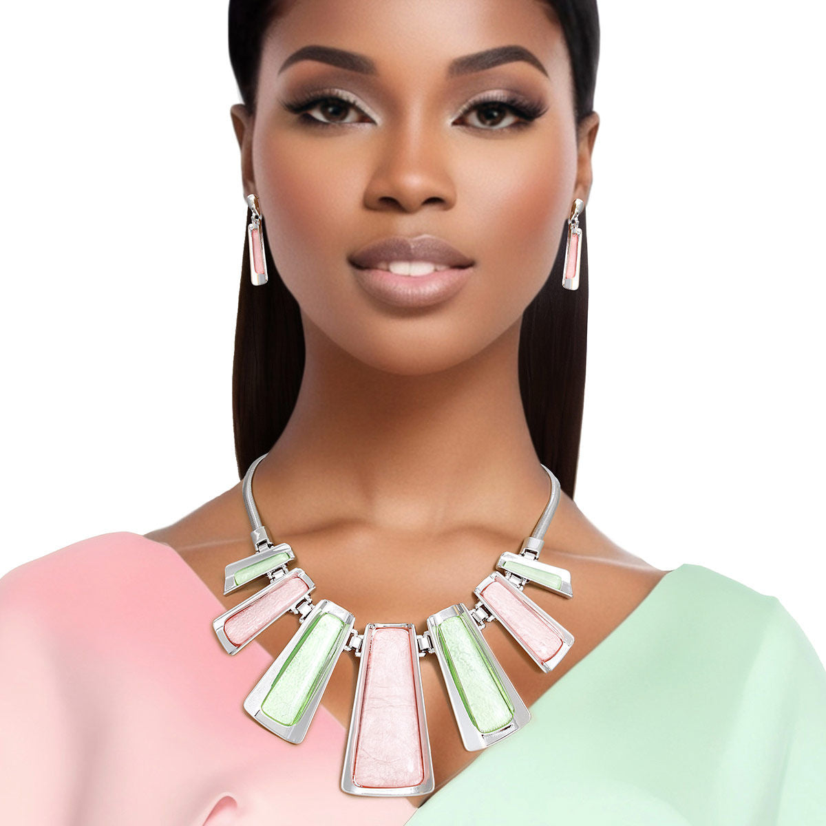 Pink green silver chain necklace set hinge link marbled statement jewelry women