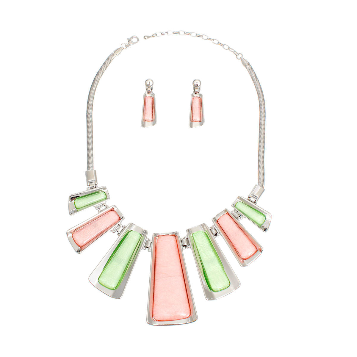 Pink green silver chain necklace marbled bib detail close up view