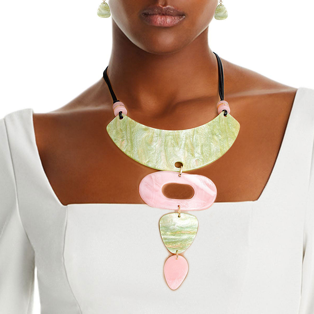 Pink green drop collar necklace bold cord statement bib jewelry women