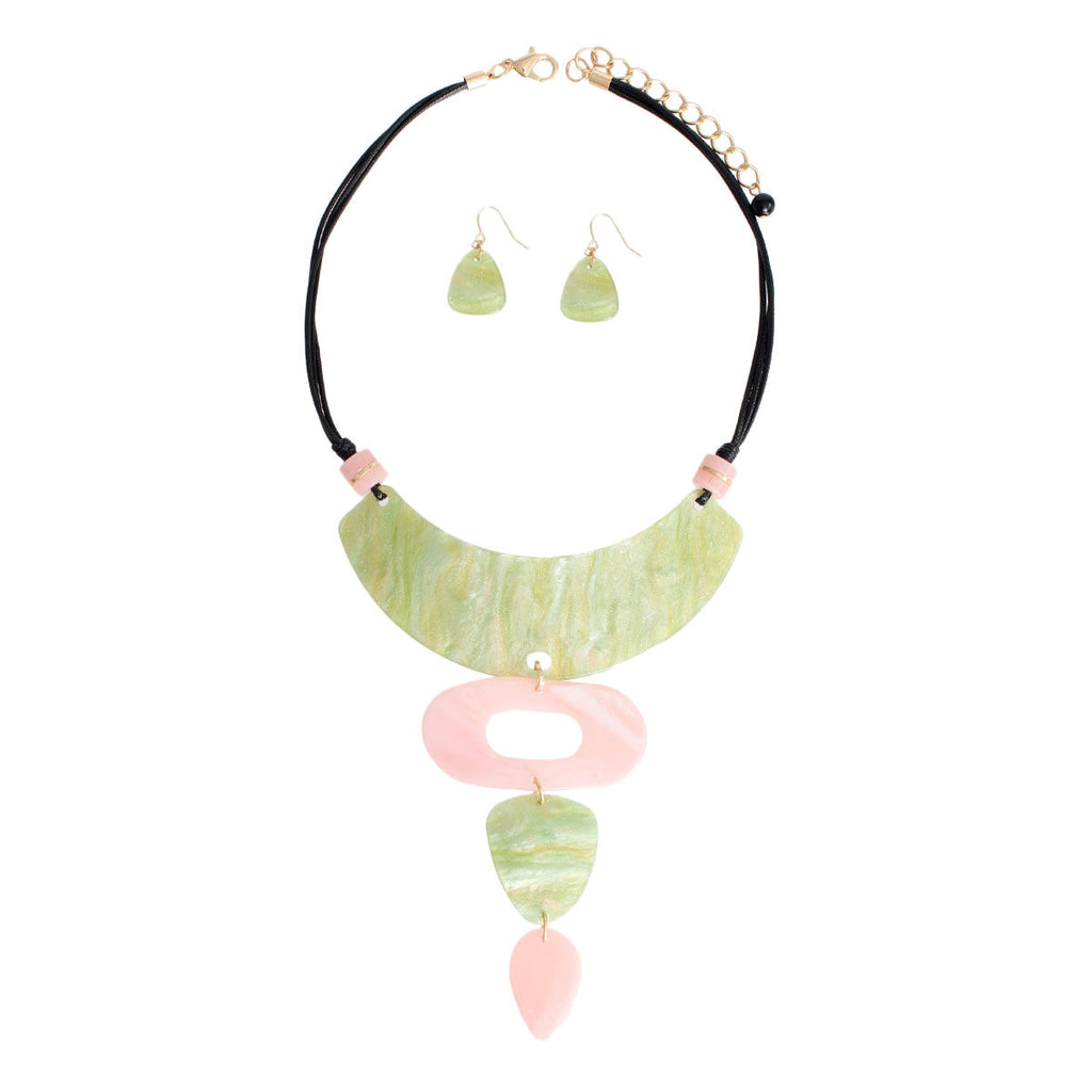 Pink green drop collar necklace side view cord detail close up