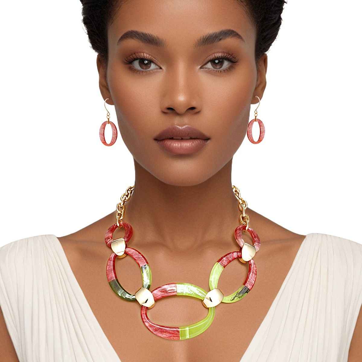 Pink green marbled link necklace set gold oval chain statement jewelry women