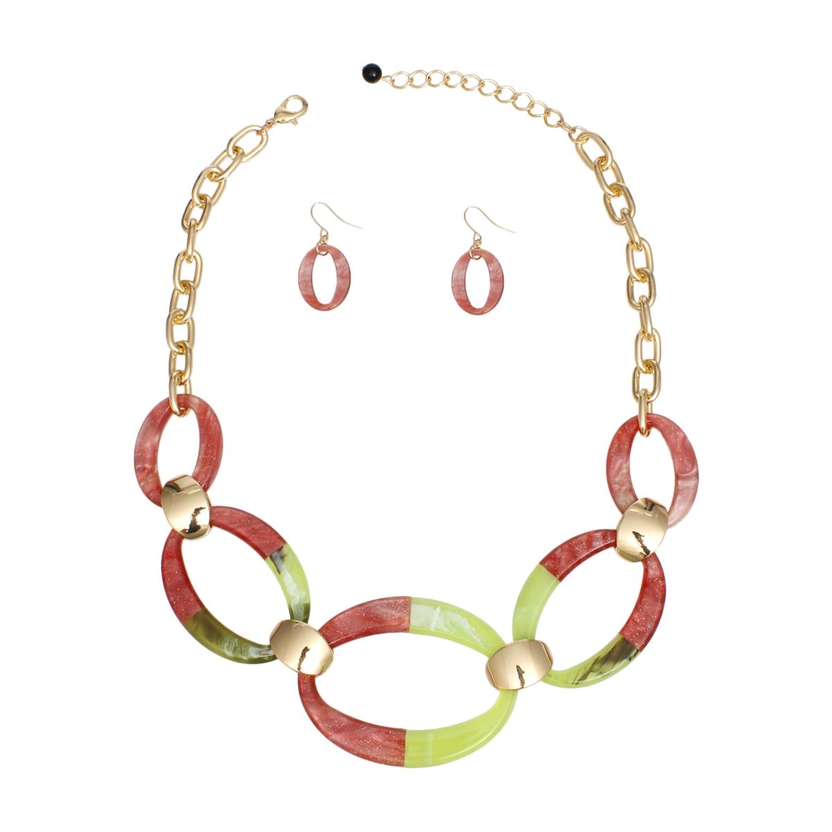 Pink green marbled link necklace gold oval acrylic detail close up