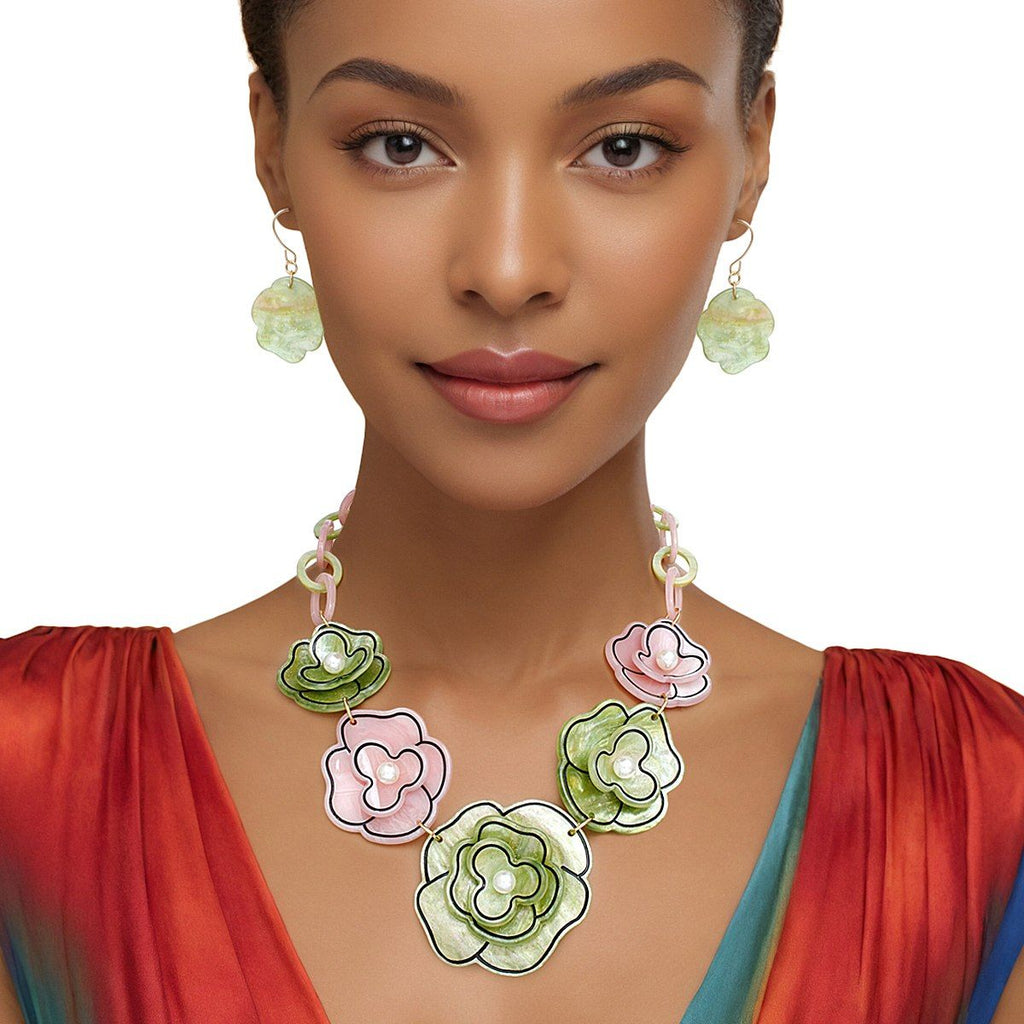Pink green 3D outlined flower collar necklace statement jewelry women bold