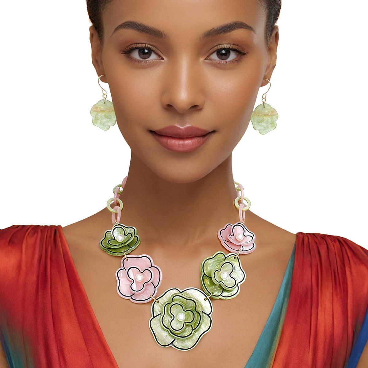 Pink green 3D outlined flower collar necklace statement jewelry women bold