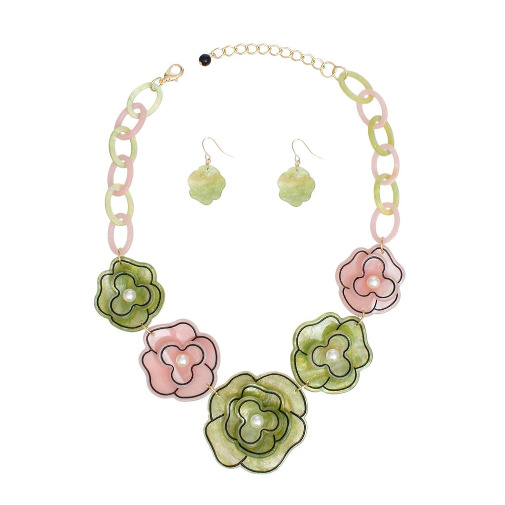 Pink green 3D flower collar necklace outlined flower detail close up