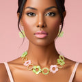 Pink green marbled flower linked collar necklace statement jewelry women bold
