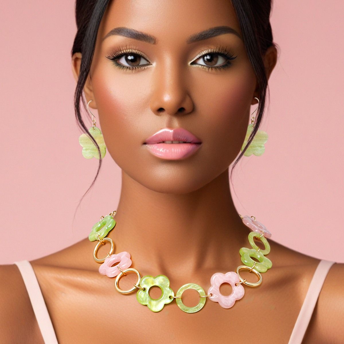Pink green marbled flower linked collar necklace statement jewelry women bold