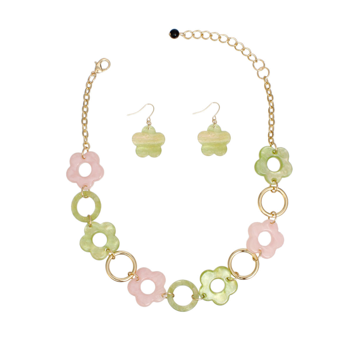 Pink green marbled flower linked collar necklace flower detail close up