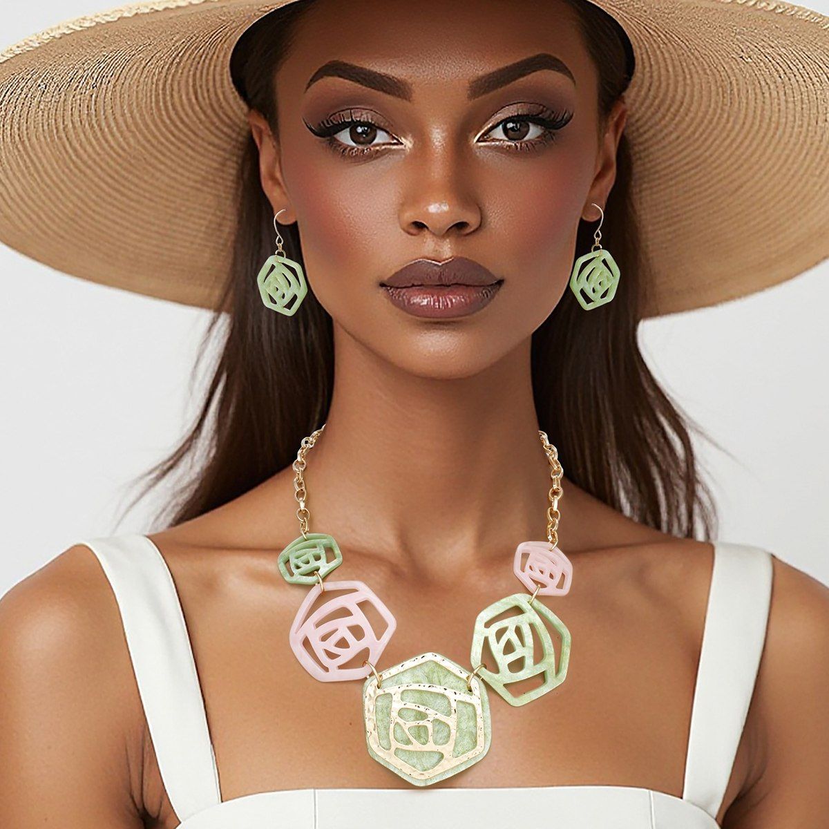 Pink green roses marbled collar necklace statement jewelry women bold