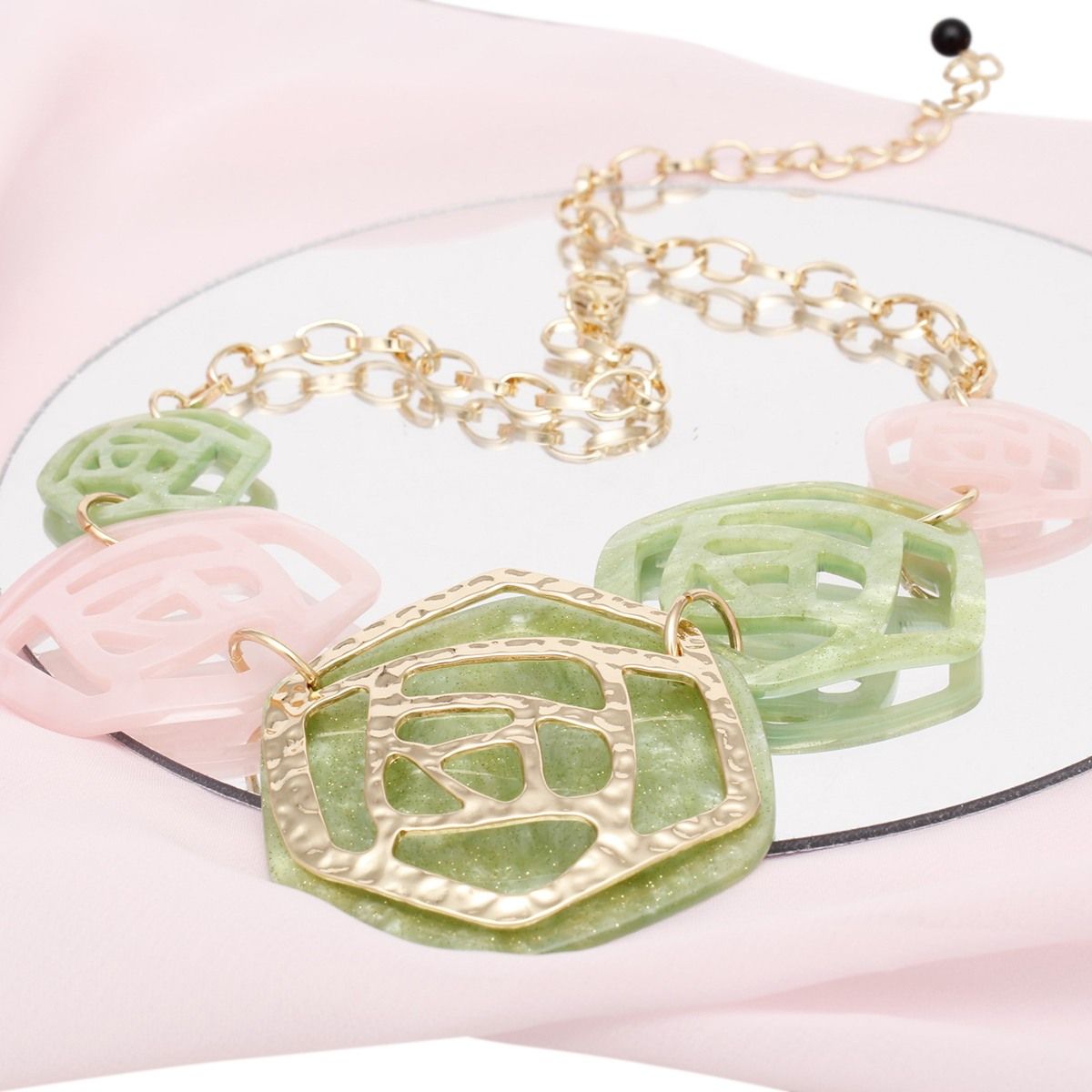 Pink green roses marbled collar necklace front view bold statement