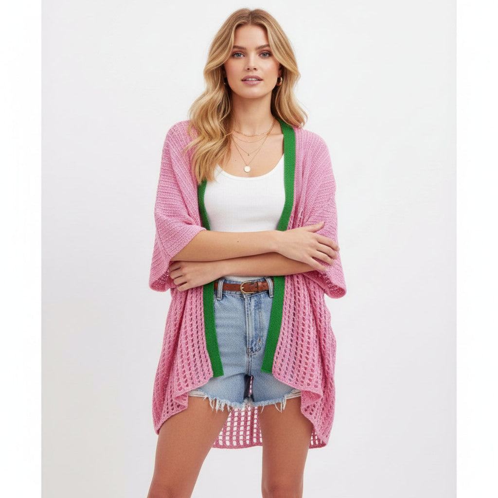 Pink green ruana kimono women wearing casually draped