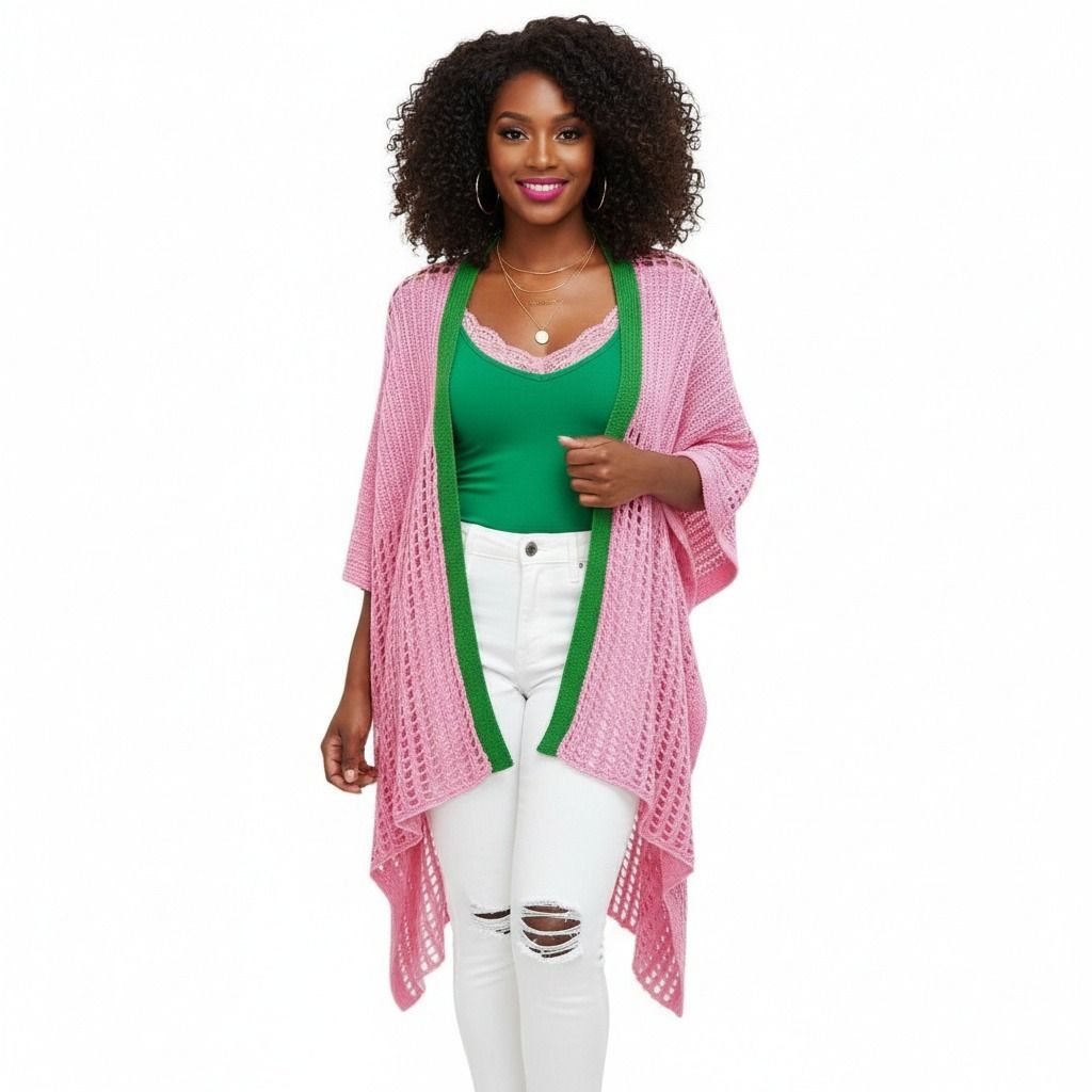 Pink green crochet kimono detail close up stitching blocked knit texture