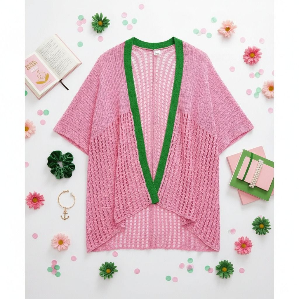 Pink green crochet kimono front view blocked knit design green collar edge